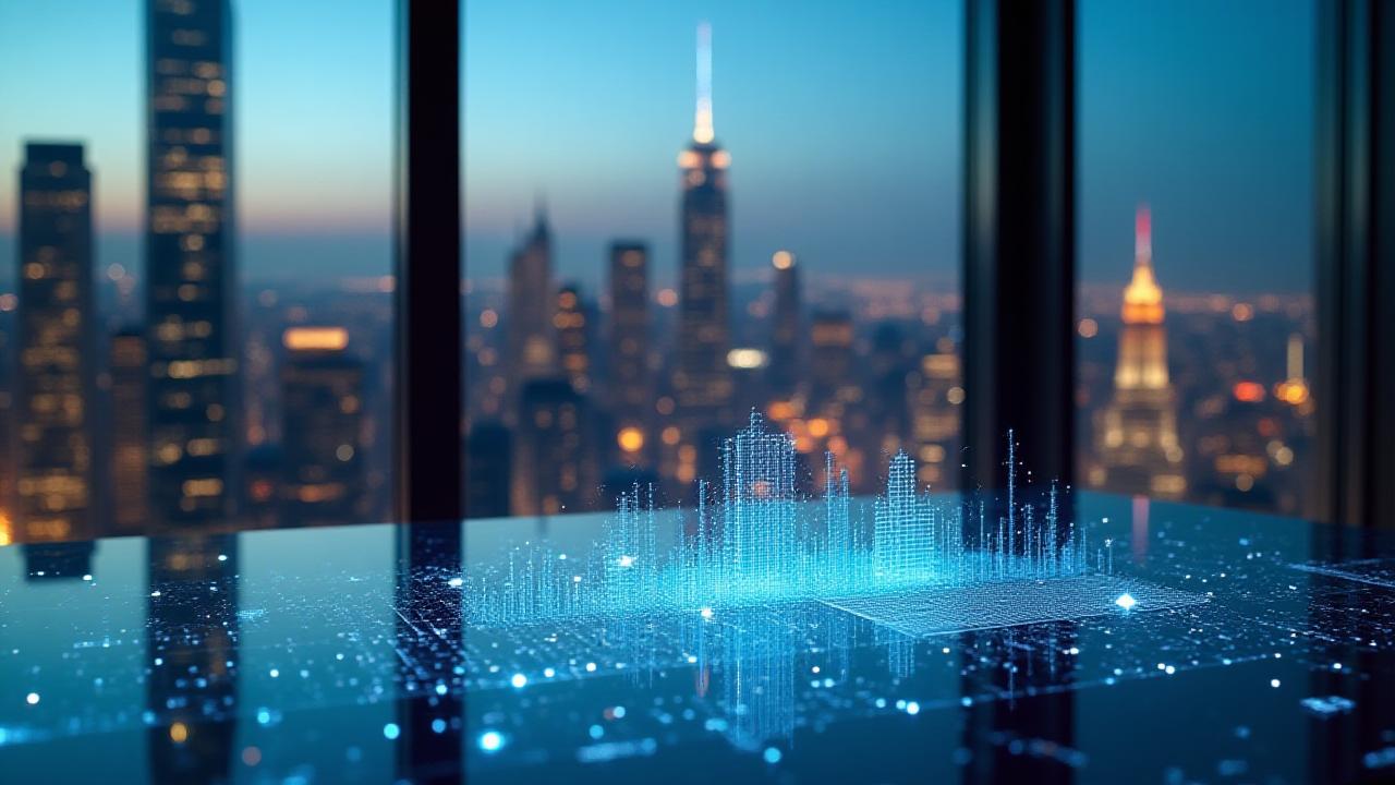 Modern New York skyline through a high-end glass office desk with holographic financial data